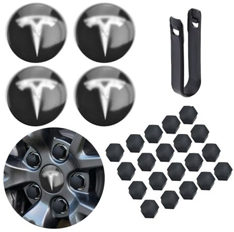 Radkappen-Set mit Logo, Radkappen, Zubehör für TES la Model 3, Modell Y, 4, Schwarz und Silber, Nabenkappen + 22 Schwarze Radmutterabdeckungen (Schwarz und Silber)