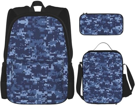 WURTON Schulterrucksack, 3-in-1-Büchertaschen-Set, Lunchbox, Federmäppchen, Reisen, Laptop, Tagesrucksäcke mit Camouflage-Muster