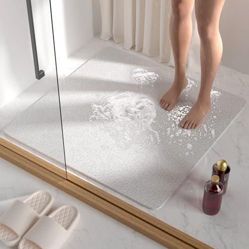 HITSLAM Tapis de Douche Antiderapant, 68x68cm Tapis de Baignoire Antidérapant avec Drain, Doux PVC Luffa Tapis de Bain pour Salle de Bain, Séchage Rapide, Blanc