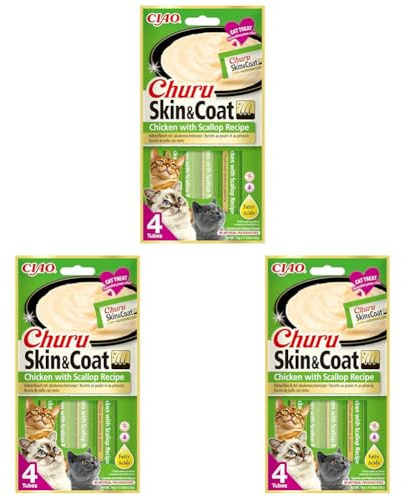 INABA Churu Skin & Coat - Pürierter Huhn und Jakobsmuschel - Omega 3 & 6 und Taurin - Cremiger - Katzenfutter für Haut & Fell - 4 Tuben x 14g (Packung mit 3)
