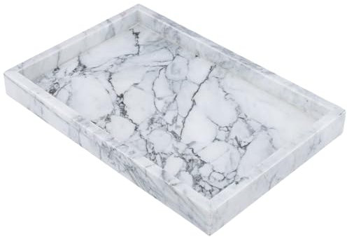 MAKTSAM 30 x 20 x 3 cm Marble Serving Trays with Non Slip Feet Mat, Rectangular Decorative Vanity Tray, Gray Marble Serving Tray for Kitchen, Bathroom, Dresser, Restaurant