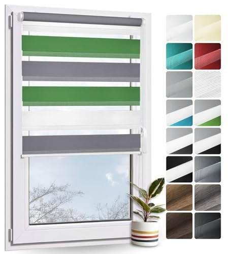 Rollmayer Doppelrollo Klemmfix ohne Bohren Weiß Grau Grün B55 x H130cm | Klemmrollo Fensterrollo Duo Rollo Sonnenschutzrollo Zebrarollo Seitenzugrollo für Fenster und Tür