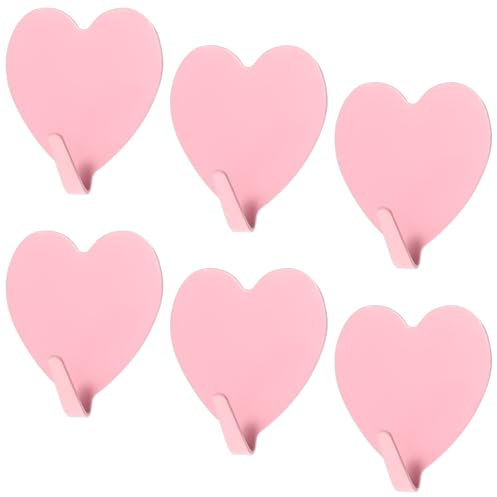 Teaaha Lot de 6 crochets autocollants en forme de cœur - En acier inoxydable rose - Pour porte, couloir, salle de bain, cuisine, bureau - En forme de cœur - Crochets décoratifs (rose)