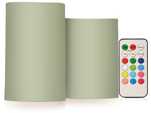 Cgiub Sage Green LED Candles 2 PCS Battery Operated Flickering Pillar Candles with Remote and Timer for Home Decor