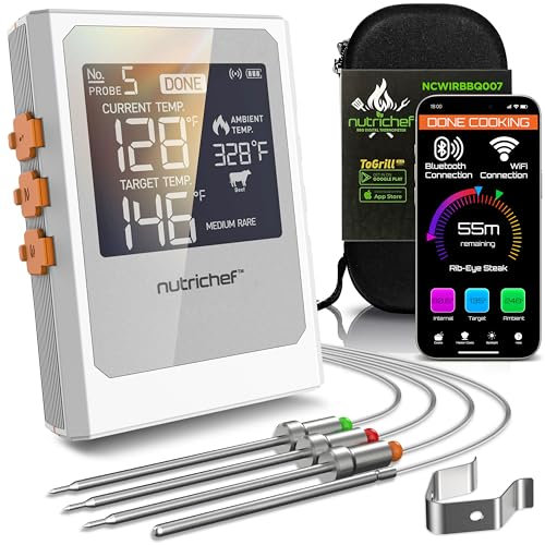 Nutrichef Drahtloses Fleischthermometer mit 2 Edelstahl-Sonden, Bluetooth und WiFi Smartphone App zur Überwachung der Lebensmitteltemperatur und Fernwarnungen, Digitalanzeige, zum Grillen und BBQ