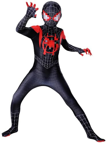 Spider Kostüm, Spider Kostüme Kinder 3D Anime Anzug mit Mask, Schwarz Miles Morales Kostüm, Kinder Cosplay Party Ankleiden Jumpsuit für Karneval Halloween Fasching