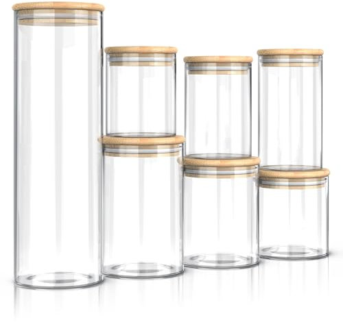 Arendo Vorratsgläser mit Deckel Luftdicht 7er Set, Vorratsdosen Glas mit Deckel Pasta, Vorratsdosen glas mit Deckel luftdicht Glas, hitzebeständig, vorratsglas mit holzdeckel, Glasdose mit deckel
