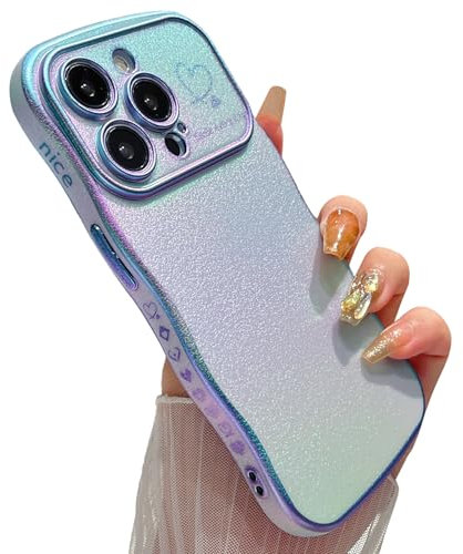 ZTOFERA Cute Curly Wavy Case for iPhone 14 Pro Max (6.7), Girls Women Luxury Fluorescent Matte Soft Silicone Case with Love Heart Pattern Plated Rim Shockproof Cover, Iridescent Sierra Blue