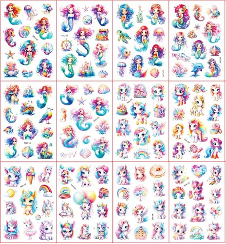 Glitzer Tattoo Set Kinder, 12 Blätter Meerjungfrau & Einhorn Temporäre Tattoos Kinder, Einhorn Tattoos Mädchen, Geschenke für Mädchen, Meerjungfrau Deko