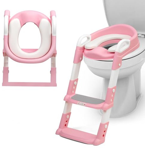 Crystals Portable Toddler Potty Training Seat with Step-Foldable Child Toilet Seat for Boys & Girls, Comfortable Potty with Ladder, Anti-Slip Design for Kids Toilet Training, Easy Step-Up (Pink)