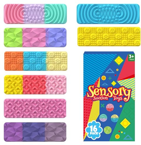 16 Stück Sensorische Saugstreifen, Fidget Toys Anti Stress Montessori Sensorik Spielzeug ab 3 Jahren, ADHD& Autismus Unterstützendes Sensory Play, Saugnapf Spielzeug für Kinder