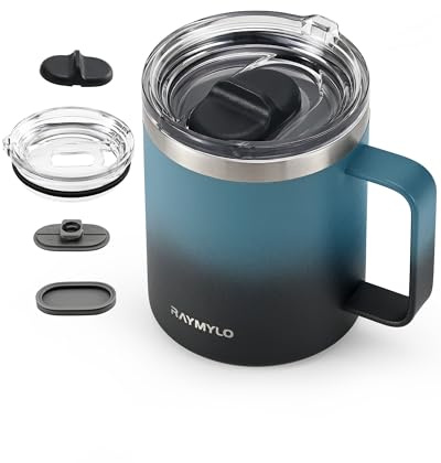 RAYMYLO Insulated Coffee Mug 350ml, Spill-Proof & Detachable Slider Lid | Double Wall Stainless Steel with Thorough Clean Lid & Handle, Cold for 9 Hrs, Suitable for Camp Home Office