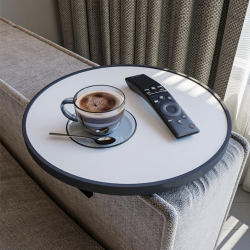 Sofatablett Armlehne, Couch-Tablett, Einstellbarer Sofa-Tablett, Getränkehalter, spezielles Design stoßfeste Umrandung, Sitzgarnitur Ablage, Durchmesser ⌀ 34 cm, Weiß, Comfy