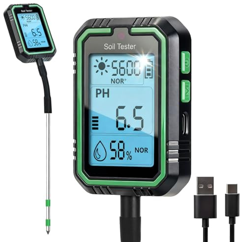 Topsky ph messgerät Erde,4-in-1 Digital Plant Wasser&bodenmessgerät with PH Value/Temperatur/Feuchtigkeit/Licht,USB-C aufladbar | 180° Flexhals | für Garten, Landwirtschaft, Rasen & Outdoor-Pflanzen