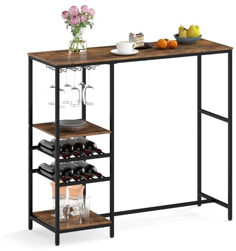 COSTWAY Bartisch Küche, Küchentheke mit Ablagefächern, Weinregalen & Glashaltern, Theke Bar mit Metallrahmen, Hausbar, Tresentisch Küchentisch Bartheke 121 x 41 x 105,5 cm, industriell