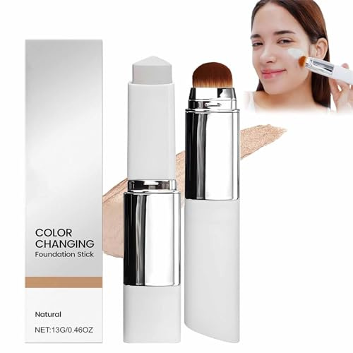 Chartming Color Changing Foundation Stick,2-in-1 Foundation Stick with Brush,White Color-Changing Cream,Full Coverage Concealer,Waterproof Long-Lasting Sweatproof for Natural Makeup (Natural)