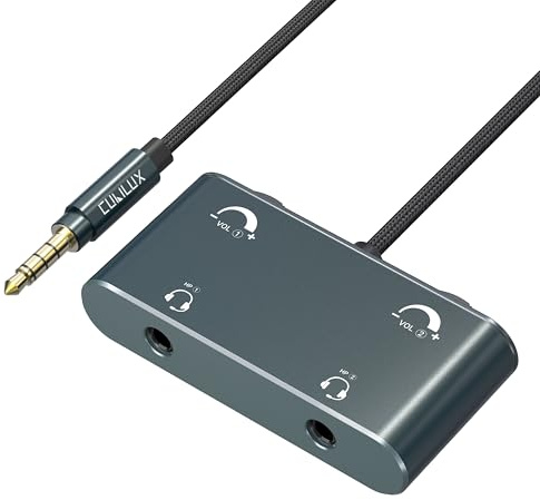 Cubilux Adaptador 3.5mm 2 en 1 para Auriculares con Control de Volumen, Divisor Dual TRRS para Micrófono y Audio, Doble Jack para 2 Personas, Compatible con PC, Portátil, Tablet y Teléfono Móvil