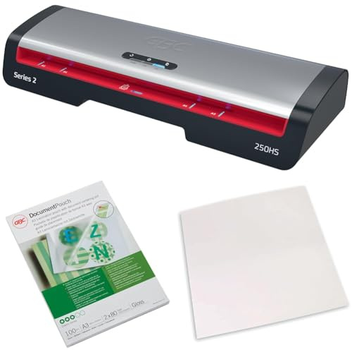 GBC 250HS Office A3 Laminiergerät Set, inkl. 5x A4 und 100 A3-Laminierfolien und 5 x Reinigungsblätter - High Speed Laminieren, schnelle Aufwärmzeit von 1 Min, 75-125 Mic, Schwarz/Rot, 4410071EU