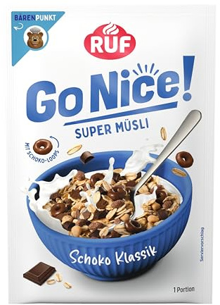 RUF GoNice! Super Müsli Schoko Klassik aus Vollkorn-Haferflocken mit Chcocolate Chunks und Schoko Loops, 50 g Portionsbeutel