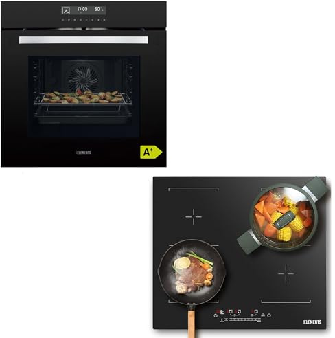 KB ELEMENTS Herdset | 60cm Einbaubackofen Air Fry & AQUA CLEAN | 59cm Autarkes Induktionskochfeld kratzfest 2 Flexzonen Schwarz-Silber | EEK A+