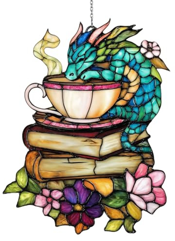Drache Sonnenfänger für Book Lovers, Bunte Dragon Fensterdeko Hängend, Acryl Fenster Deko mit Kette, Dragons Geschenke für Buchliebhaber, Fensterdekoration Hängend für Fenster, Terrasse, Wand, Garten