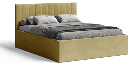 Meblofun Polsterbett RETTAN mit Kopfteil, 180x200 cm, Doppelbett mit Bettkasten und Lattenrost aus Holz, Velourstoff, Farbe: Gelb