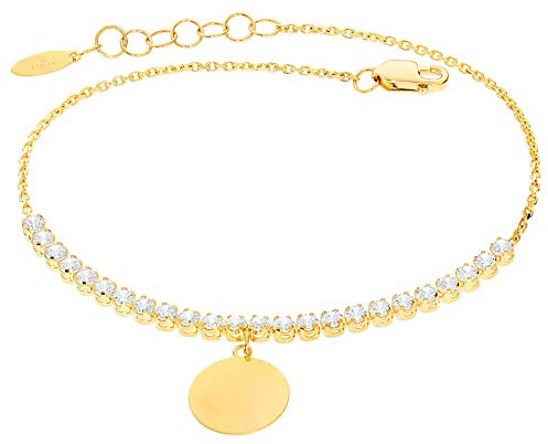 Stella-Jewellery Damen Armband 585er Gelbgold Zirkonia Plättchen Kreis Armkette inkl. Gravur Etui
