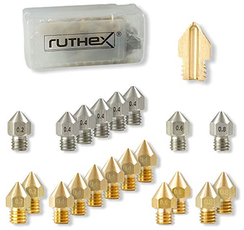 ruthex 3D Drucker Düsen Nozzle MK8 Set (20 Stück) – 12x Messingdüsen 8x Edelstahldüsen für 1,75 Filament – für MK8 Hotend Drucker wie Ender 3/5/CR-10 | Anet A8 | MakerBot | bq | CraftBot