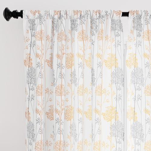Encasa Homes Homes Homes Polyester halbtransparent, Bedruckt, 140 cm (Breite) x 183 cm (Länge), Vorhänge mit Krawatte hinten, 150 cm, orangefarbene Zweige, 2 Packungen, Nicht schrumpfend und waschbar