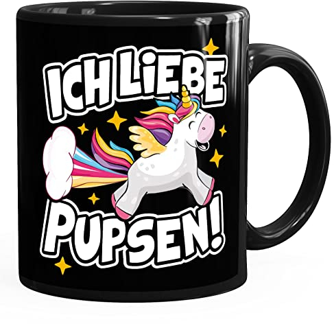 MoonWorks® Kaffee-Tasse Einhorn mit Spruch Ich liebe Pupsen Furzen Bürotasse lustige Kaffeebecher schwarz Keramik-Tasse