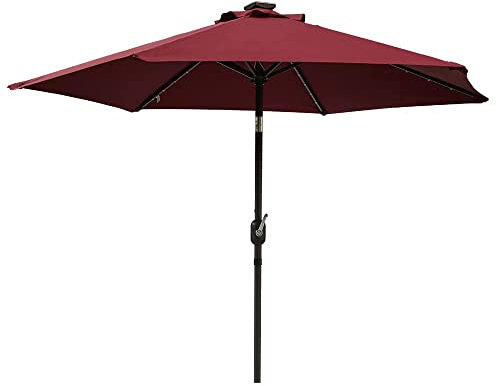 Green Bay 2.5M Garden Parasol with Solar LED Lights and Crank Tilt Mechanism Patio Umbrella Outdoor Sun Shade Canopy UV Protection Wine Red