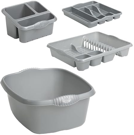 JMS we create smile [𝐒𝐞𝐭 𝐨𝐟 𝟒] Plastic Dish Drainer with Sink Tidy, Washing Up Bowl & Cutlery Tray-Home/kitchen Accessories (Silver/Grey)
