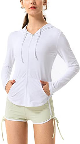 Hanyomo Damen Lange Ärmel UPF 50+ Sonnenschutz Jacke Mit Kapuze Fitness-Shirt mit Taschen YogaDurchgehender Reißverschluss Sportlich Weiß M