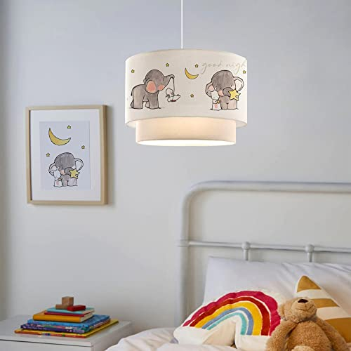 lux.pro Lampada a Sospensione per Cameretta Lampadario per Bambini Lampada da Soffitto con Doppio Paralume Cilindrico Decorato con Elefante - Bianco