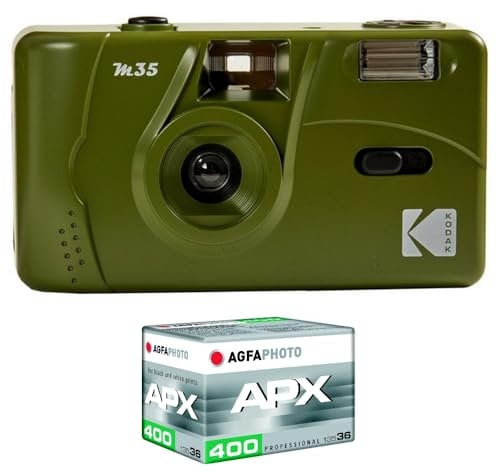 KODAK Pack M35 Argentique + Pellicule 100 ASA - Appareil Photo Kodak Rechargeable 35mm Olive Green, Objectif Grand Angle Fixe, Viseur optique , Flash Intégré + Pellicule APX 100, 36 poses