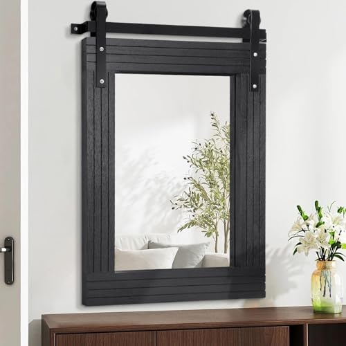 AAZZKANG Espejo negro grande de 65 x 45 cm para puerta de granero, espejos rústicos con marco de madera, rectangular, decorativo para baño, dormitorio, decoración de pared de granja
