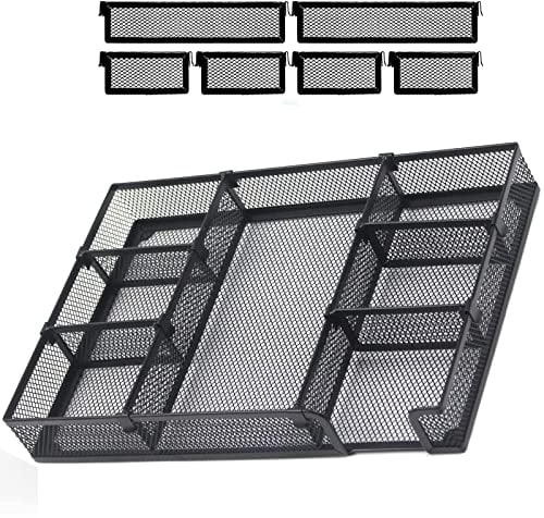 HurLuksi Desk Drawer Organiser Tray, Mesh Desks Organisers Tidy, Office Desk Accessories with 6 Adjustable Compartments, 7 Grid Stationary Organiser for Office School Supplies, 12.6 * 8.6 * 1.8 inch