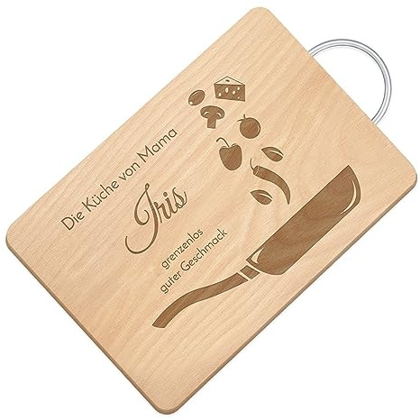 Maverton Schneidebrett mit Gravur, Brotzeitbrett mit Metallgriff | Personalisiertes Küchenbrett aus Buchenholz, Holzbrett mit Wunschmotiv für Frauen, Größe: 32x18 cm, Pfanne