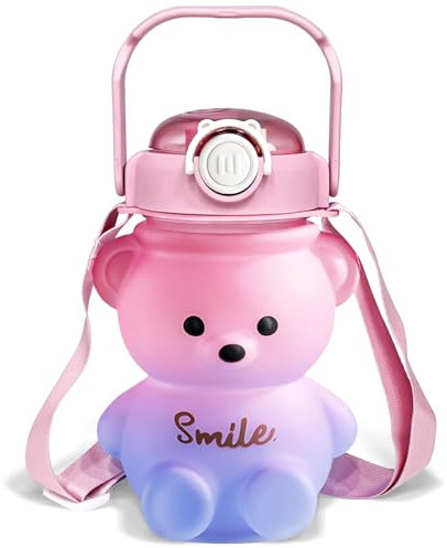CLWVPCOT Bear Wasserflasche, niedlicher Kawaii-Teddybär-Wasserflasche mit Strohhalm und verstellbarem Riemen, auslaufsicher, leicht, BPA-frei, langlebiger und sicherer Kunststoff-Trinkbecher für