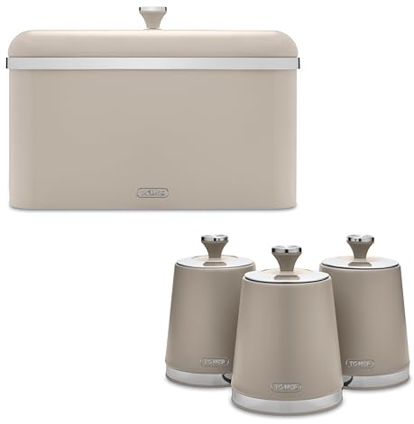 tower Cavaletto Modern & Contemporary Bread Bin and Set of 3 Tea, Coffee & Sugar Canisters. Kitchen Storage Set in Stylish Latte with Chrome Accents