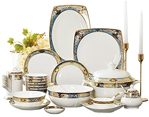 Service de table 80 pièces pour 10 personnes, service de table à motif doré en relief de Style européen avec bols et assiettes