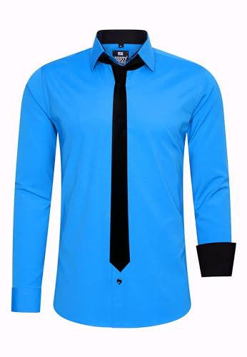 Rusty Neal Herren-Hemd Premium Slim Fit Langarm Stretch Kontrast Hemd mit Krawatte Business-Hemden Outfit Freizeithemd Set 44_99, Größe:L, Farbe:Petrol
