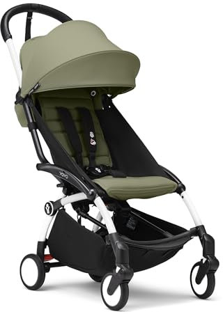 Stokke YOYO3 Kinderwagen ab 6 Monaten - Inklusive weißem Rahmen, Olive Sitzkissen + Verdeck - Blitzschnell ein- und ausklappbar - Leicht & kompakt - Handgepäck-kompatibel