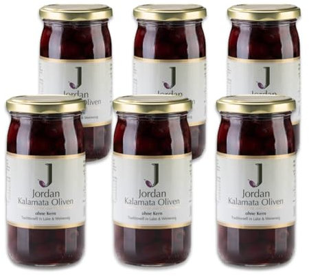 Jordan Olivenöl - Griechische Kalamata Oliven ohne Stein eingelegt in Salzlake - Glas 360 gr - Abtropfgewicht 200 gr - 6er Pack - Tafeloliven ohne Kern aus Griechenland