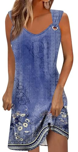 Robe Mi-Longue en Lin Femme - Bohème Été Longue Fluide Manche Courte - Coton Bleu S