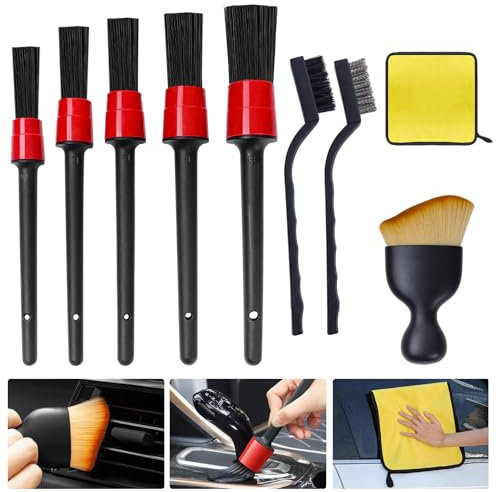 Pinceau Detailing Auto, Pinceaux Nettoyage Voiture, Brosse Nettoyage Voiture, Pinceau Detailing, avec Serviette de Nettoyage en Microfibre, pour Voiture Beauté,Moteur,Roue,Panneaux(10pcs, 9 Styles)