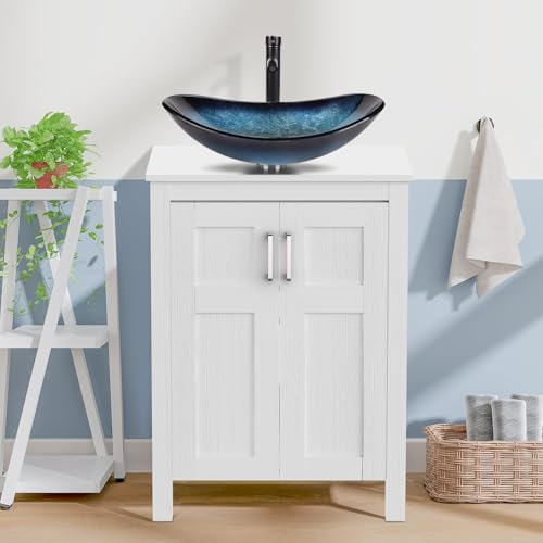 ARTETHYS Bathroom Sink Cabinet, Bathroom Vanity Units with Basin, 60cm White Cloakroom Cabinet Free Standing with Cloakroom Blue Glass Vessel Sink