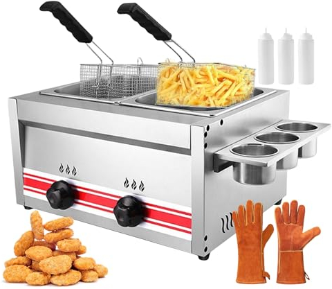 Commercial Deep Fryer with Basket, 20L Chip Fryer Stainless Steel Dual Tank Deep Fryer, Prof Countertop Electric Oil Fryer with Temperature Control for Restaurant or Home Use,001