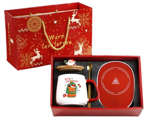Christmas Coffee Mug,Novelty Mugs with Heated Coffee Mug Set Warmer for Desk, Hot Chocolate Gift Set for Adults, Mug Gift Set, Christmas Crockery(Elk)