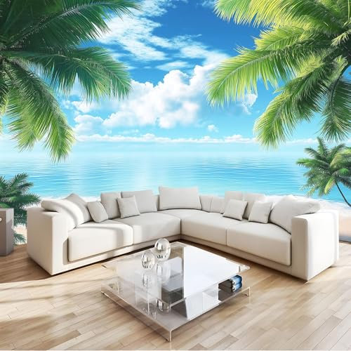 Fototapete 3D Tropischer Strand Palmen Meer Tapete 300x210 cm 3D Vlies Wanddeko Wallpaper Wandtapete Dekoration Study Zimmer Wohnzimmer Restaurant Cafe
